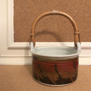 Glazed Ceramic Bucket with Bamboo Handle Signed Studio Pottery